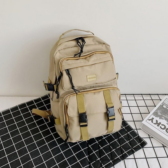防潑水英倫機能大容量輕量工裝韓版電腦後背包, 卡其色
