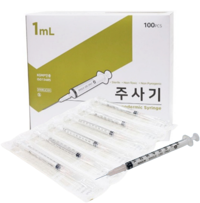 한국백신 일회용 주사기 1cc 26g 100p 멸균 개별포장 의료용 바늘, 100개