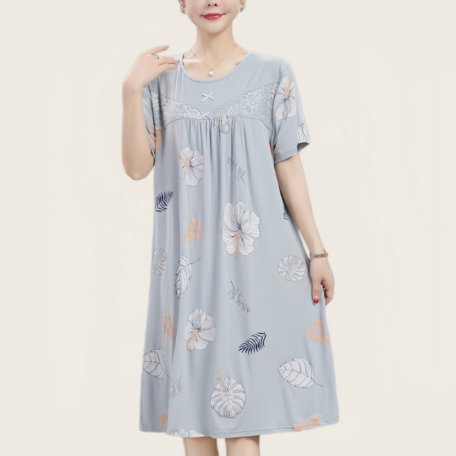 Makone 여성 라운드넥 모달 루즈핏 잠옷 원피스 반팔 롱티 프릴 트리밍 플라워 프린트 심플 홈웨어