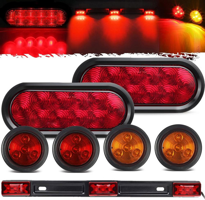 Partsam 12v LED 트럭 트레일러 라이트 키트 방수 6개의 타원형 빨간색 스톱 턴 테일 브레이크 +14.17인치 레드 3개 9개 스테인리스 스틸 ID 바 +(2xRed+