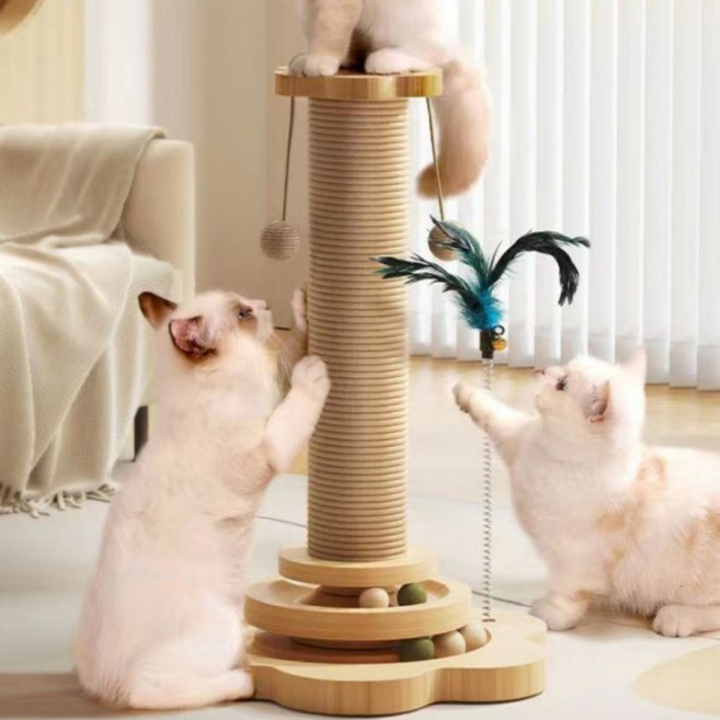 반려 고양이 캣놀이터 수직스크래쳐 기둥형 구슬 공장난감, 46x28x28cm 내추럴 우드, 1개