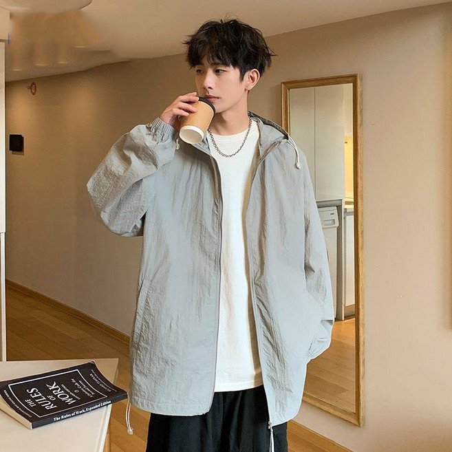 남성 자외선차단 바람막이 후드 집업 자켓 캐주얼 루즈 핏 큰사이즈 바람막이 JS, 그레이