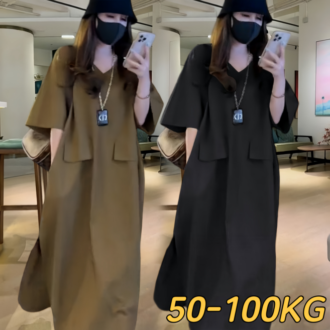 여성 오버핏 브이넥 반팔 롱 원피스 봄여름 하객룩 박시티 빅사이즈