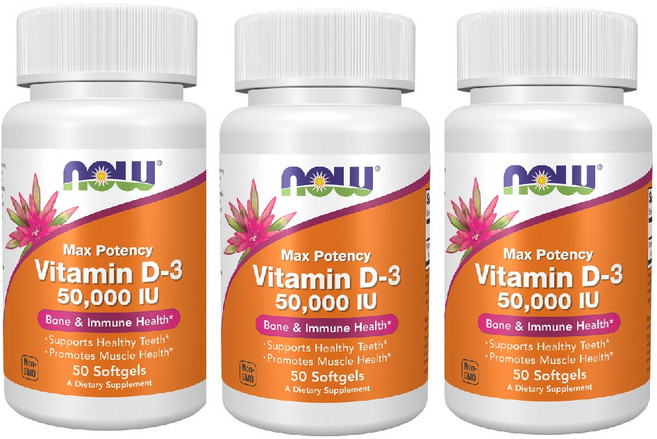 NOW Vitamin D-3 50000 IU 50 소프트젤 X 3팩, 3개, 50정