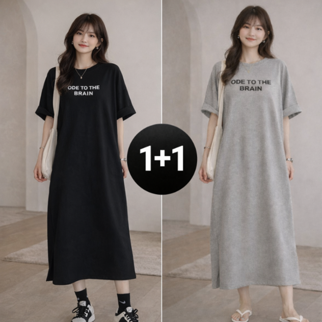 1+1 여성 롱티원피스 반팔 롱원피스 루즈핏 박시 데일리 홈웨어 원피스