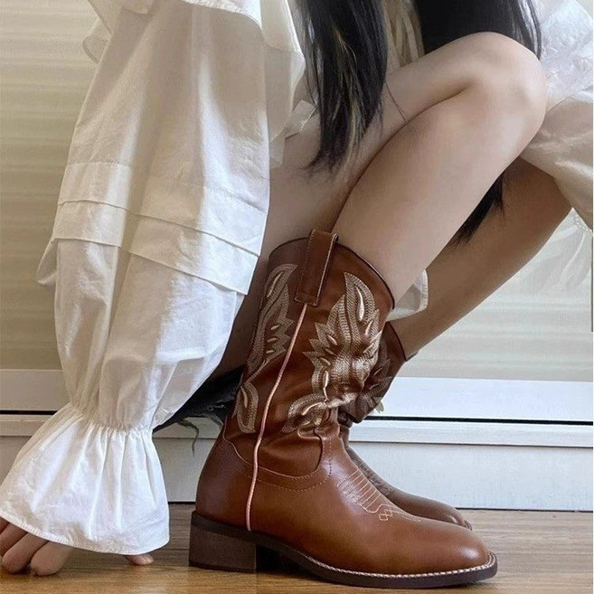 티류으스 여성 봄 겨울 가죽 카우보이 빈티지 웨스턴 미들부츠 데일리 레인부츠 CP133