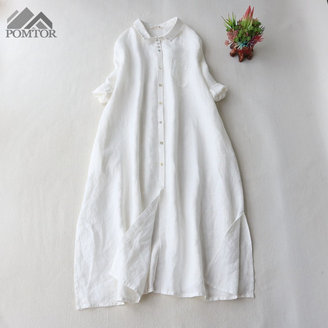 POMTOR 여성 루즈핏 커즈롱 린넨 긴팔 셔츠 원피스
