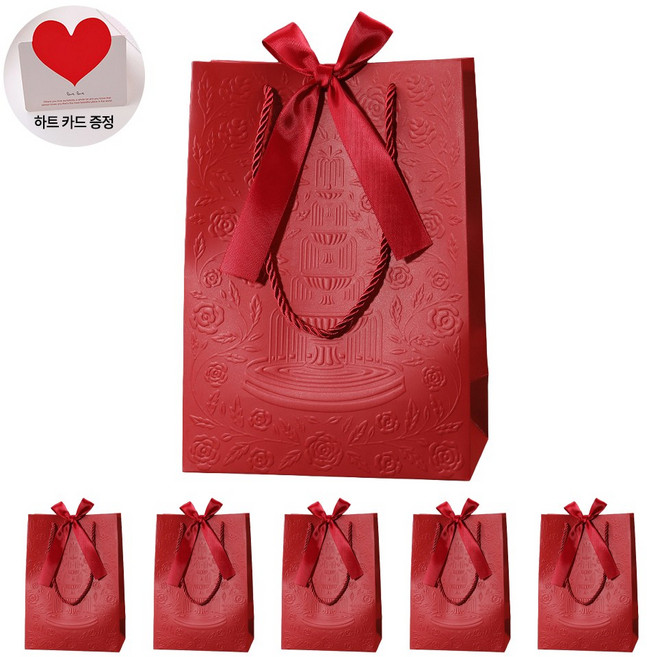 VITALO 프리미엄 로즈 엠보싱 리본 쇼핑백 선물용 고급 세로형 종이가방 (하트카드 6개지급), 6개, 레드