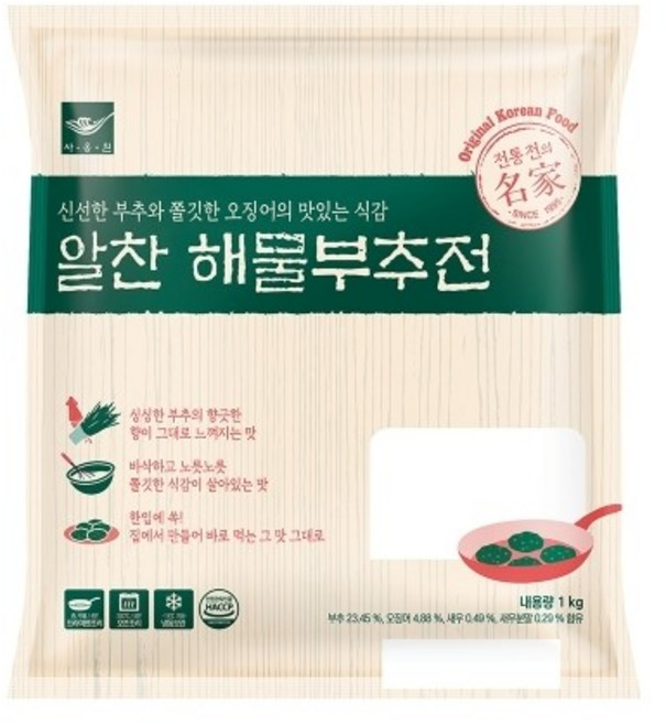 사옹원 알찬 해물부추전1kg(냉동) 한입크기 에어프라이어 해물전, 4개, 1kg