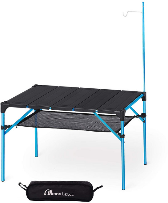 MOON LENCE 조립식 캠핑테이블 랜턴걸이 야외테이블세트 침대 테이블 접이식 테이블 캠핑용 테이블 캠핑 도보 바비큐 1-2인용 알루미늄, 블루