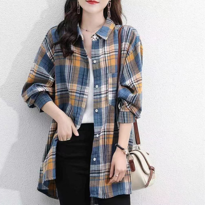 NUNUHANA 여성 루즈핏 체크 긴소매 셔츠