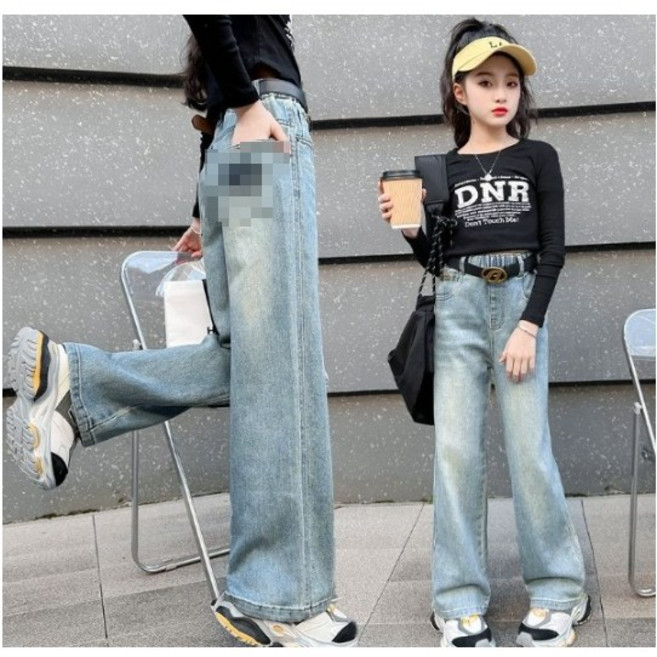 아이짱 초등학생 주니어용 빈티지 와이드 밴딩 청바지 통바지