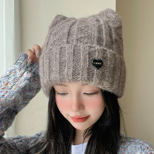 cammello 냥모자 하트 니트 비니 도톰 안감 고양이 귀 털모자 겨울 방한 모자