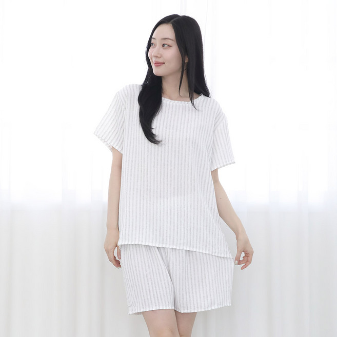 여성 여름 마원단 스트라이프 줄무늬 린넨 잠옷세트 반팔 반바지 상하의 세트 잠옷 여름 시원한 실내복 홈웨어 파자마 파티 주니어 학생 상의 하의 라운드넥 허리밴딩 편한잠옷