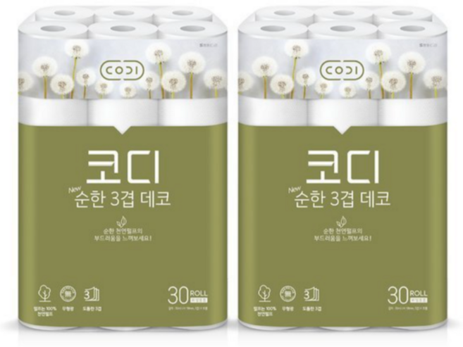 코디 천연펄프 3겹 순한 데코 화장지 30m, 2개, 30개입