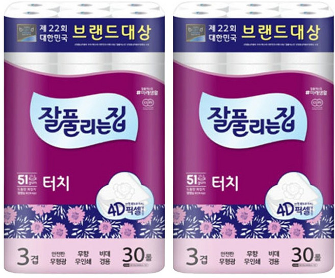 잘풀리는집 3겹 깨끗한 터치 화장지 25m, 2개, 30개입