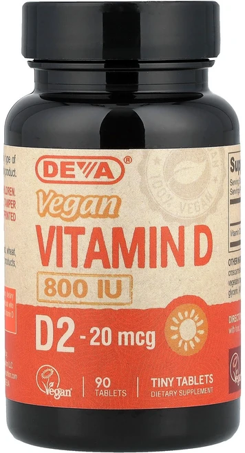 Deva 비건 비타민D D2 20mcg(800IU) 90정, 데바 비건 비타민D D2 20mcg 90정 미국내수용, 4개 - 쿠팡