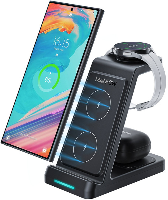 Mankiw맨큐 3in1 무선충전기 갤럭시워치 버즈 호환 고속충전 거치대, 블랙, 1개