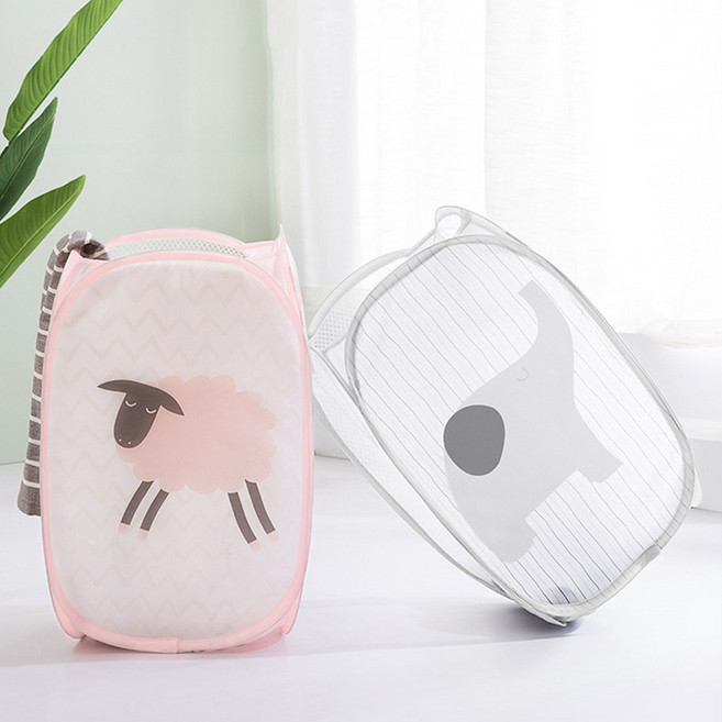 간편한 접이식 손잡이 그물망 분리수거 쓰레기통 빨래 바구니 장난감 정리, 핑크