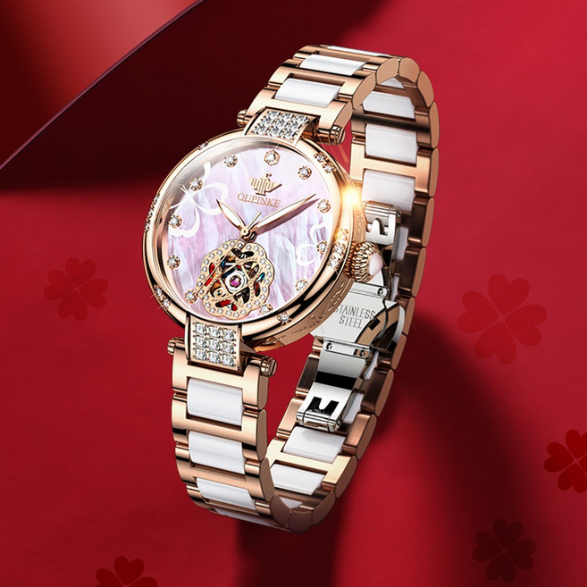 OUPINKE 여성시계 기계식 오토매틱 럭셔리 명품 워터프루프 야광 도자기