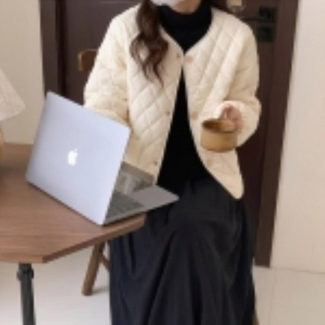 [옷자락] 여자 노카라 진주 버튼 경량 다이아 퀼팅 누빔 점퍼