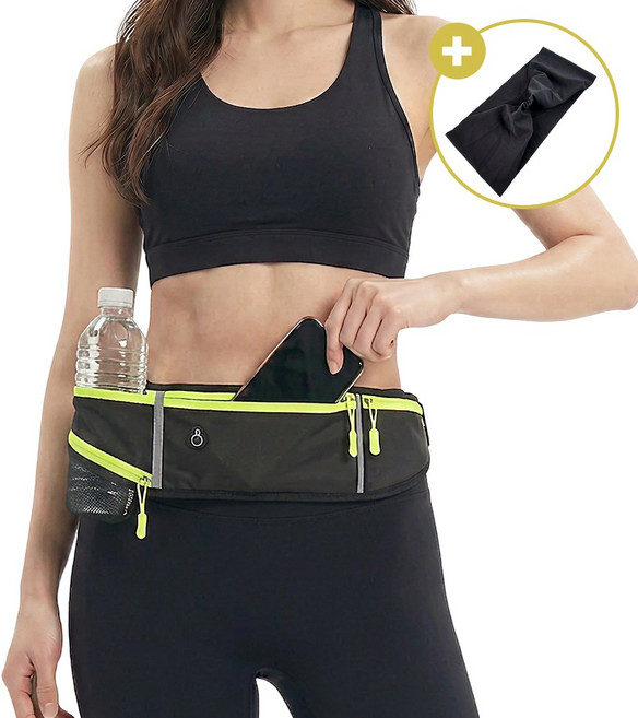 러너온 흔들림없는 휴대폰 물병 수납 방수 밀착 러닝벨트 헤어밴드, 1개, 네온블랙