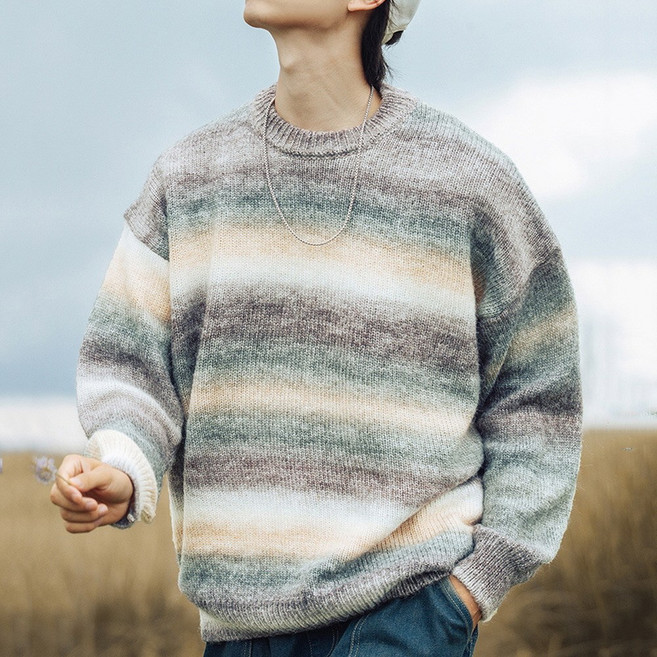 지디오 남성 라운드 니트 티셔츠 스트라이프 스웨터 긴팔 니트티