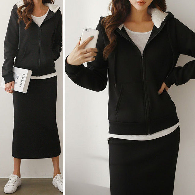 러브포텐 양기모 롱스커트세트 후드집업+롱스커트 겨울 데일리 후드집업 트레이닝 롱치마세트 F/XL-국산