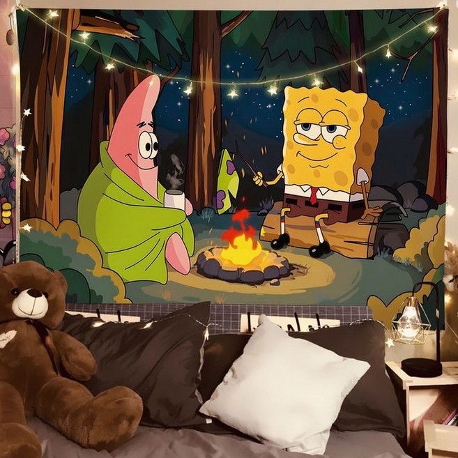 귀여운 스폰지밥 만화 배경 천 태피스트리 애니메이션 패브릭 포스터 벽 장식 인테리어 소품 그림, 04