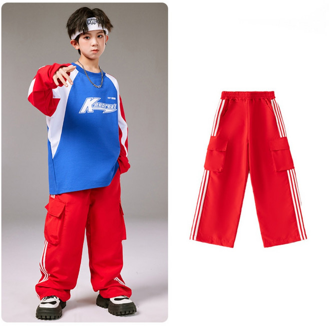 아동방송댄스복 주니어 댄스복 댄스의상 무대 공연 초등학생 캐주얼 걸스힙합 추리닝세트 블록코어룩 레드팬츠