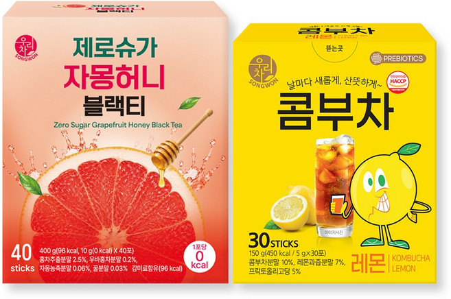 우리차 제로슈가 자몽 허니 블랙티 40T + 콤부차 레몬 30T