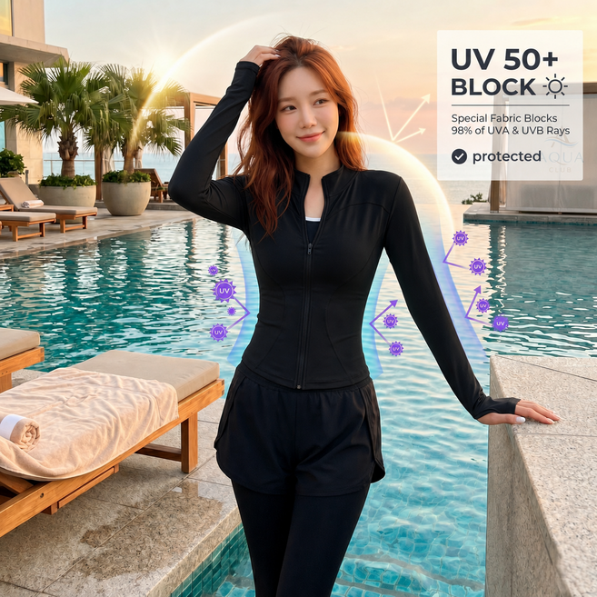 엘라웨어 집업 여성 래쉬가드 워터레깅스 상의 UPF50+ 2026, 블랙