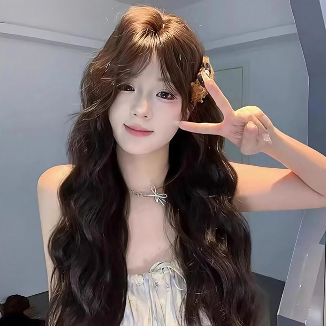 BIKASU 여자 패션 긴머리 웨이브 가발 통가발 + 가발망 포함 자연스러운 가발, 1개, 블랙