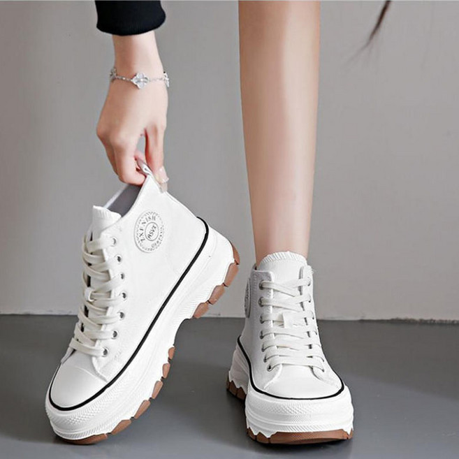 FANSYLI 여성 키높이 운동화 심플 편하고 하이탑 스니커즈 봄 여름 가을 통굽 미끄럼 방지 워커 X2601J22