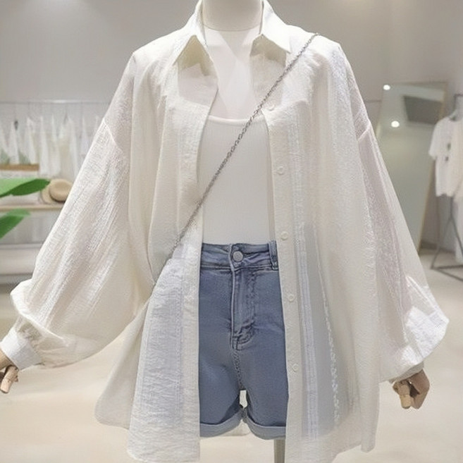 Asure 봄 여름 여성 자외선 차단 셔츠 자수 레이스 루즈핏 캐주얼 긴팔 셔츠