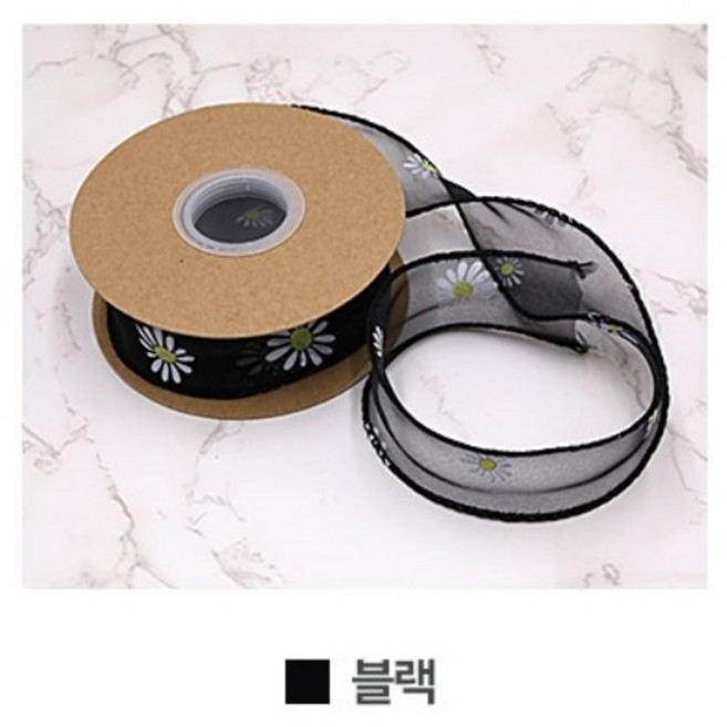 세모쇼핑백 패턴 공단리본 선물 포장리본 데이지, 데이지 공단리본, 40mm X 9M, 블랙