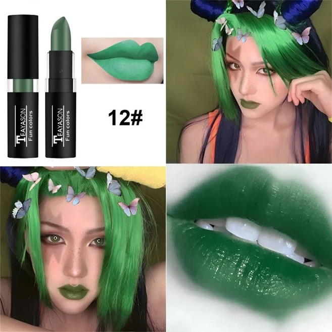 12가지 색상 립스틱 매트 벨벳 파이어 메이크업 펑크 블랙 립 글로스 부드러운 방수 지속성 내구성 다크 페인트 화장품, 12 Olive Green - 쿠팡