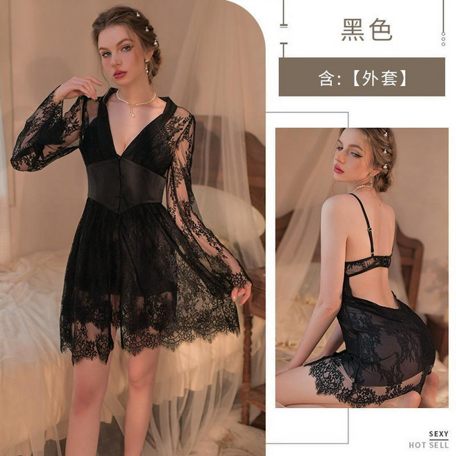 蕾絲吊帶睡裙網紗露胸透明睡衣套裝激情家居服