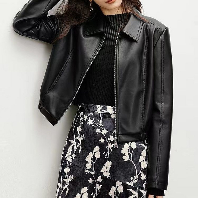 휠렉스 여성 빈티지 카라넥 가죽 쇼트 재킷 YQ48