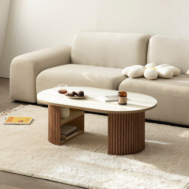 [즉시할인+방문설치]프롬홈 마들렌 템바보드 수납형 원통형 거실 소파테이블 티테이블 2Size 2Colors, 월넛화이트