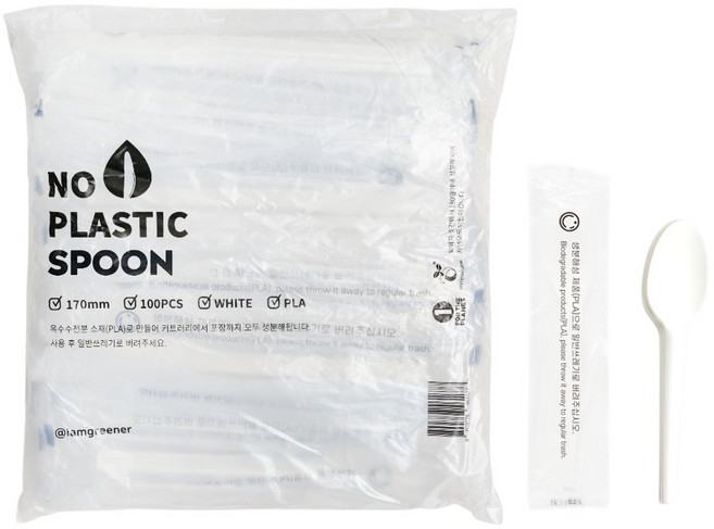 아이엠그리너 생분해 PLA 일회용 스푼 화이트 개별포장, 1개, 100개입