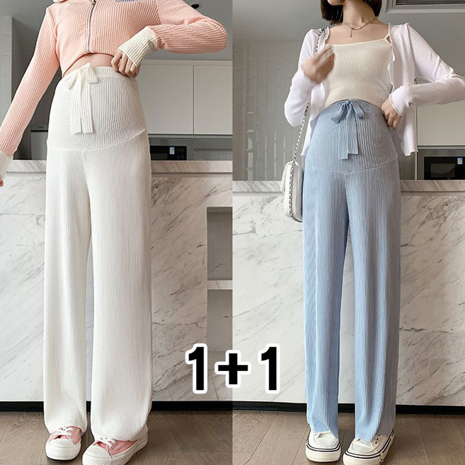 1+1 임산부 바지 봄 가을 캐주얼 코디 여자 하이웨스트 바지 여름 루즈핏 얇은 임부 와이드 팬츠 WMY
