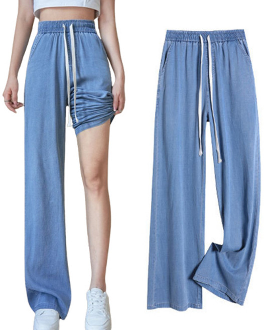 핑크셀럽 여성용 하이웨스트 밴딩 롱 와이드 쿨링 청바지