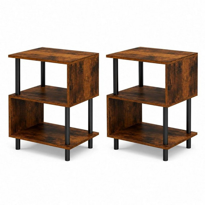 Frylr Small Side Table End Table and Nightstand with 3-Tier Wood Shelves Sturdy Metal Frame 44 L, Without Power Outlets, Rustic Brown