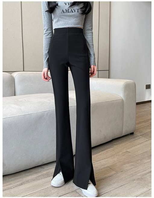 ANYOU 여성 봄가을 허리밴딩 일자 트임 나팔바지 하이웨스트 일자바지 dh96