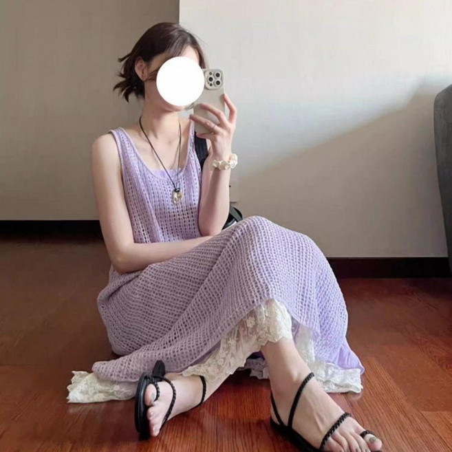 連衣裙 鏤空針織背心裙女夏休閒度假風寬鬆設計感 微防晒 空調房外搭 日系連衣裙, 紫色鏤空,L 建議55.0-65.0公斤, 紫色鏤空