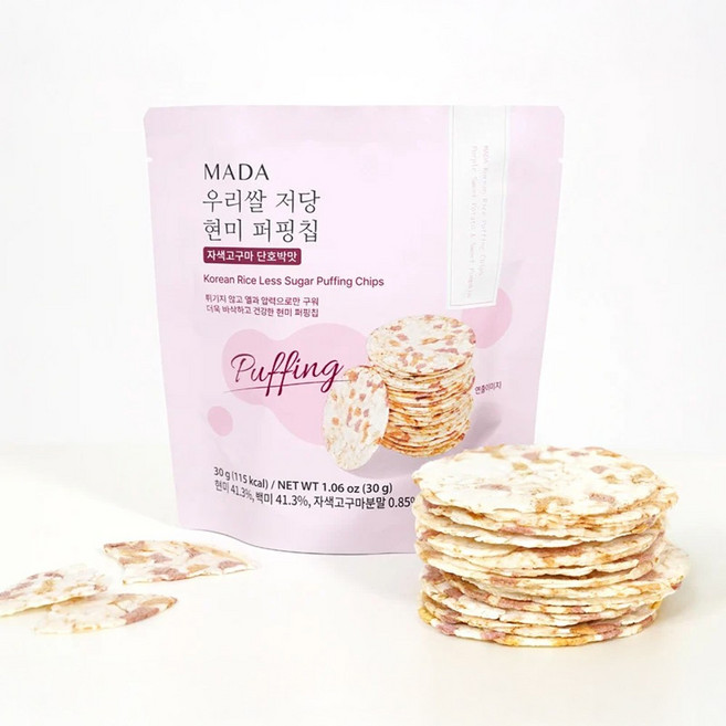 MADA 우리쌀 저당 현미 퍼핑칩 자색고구마 단호박맛, 4개, 30g