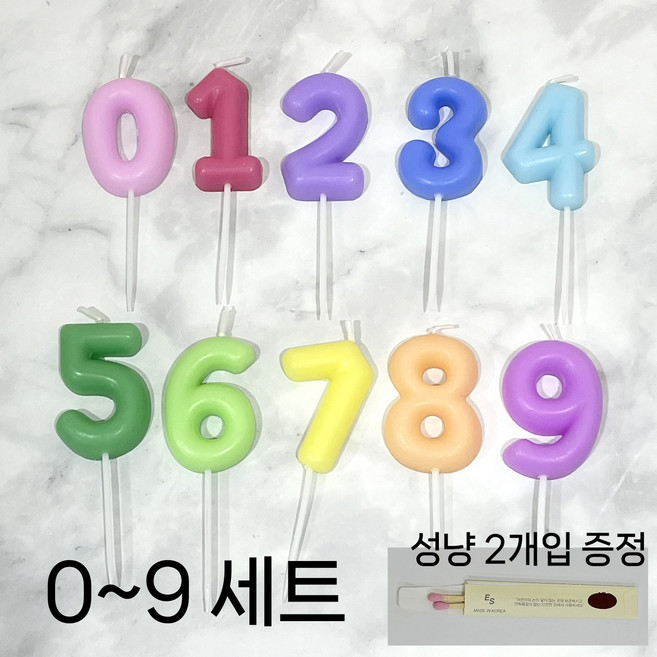 생일숫자초 귀여운 컬러 케이크초 올넘버 세트 월별기념 촬영, 15g, 1개, 0~9세트+성냥2개입