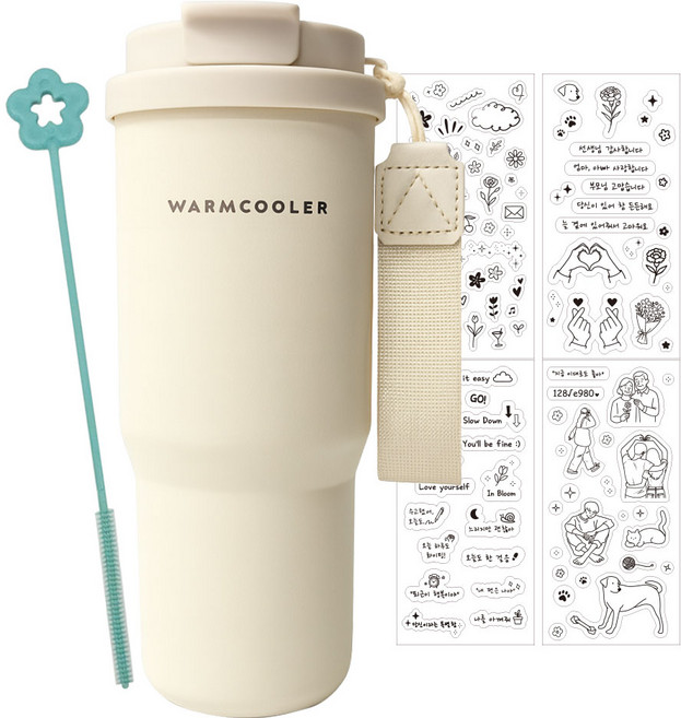 웜쿨러 스트랩 빨대 티보틀 차망 텀블러, 1개, 750ml, 크림