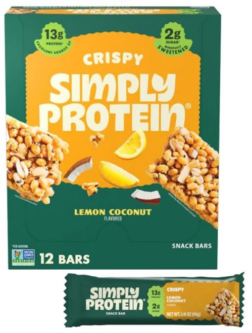 심플리 프로틴 - 크리스피 비건 바 버라이어티 팩 3가지 맛 식물성 단백질 스낵 13g 당 2g 섬유질 7g 글루텐 프리 논 GMO 코셔 12개 바 3박스, 레몬 코코넛, 12개 (1팩) - 쿠팡